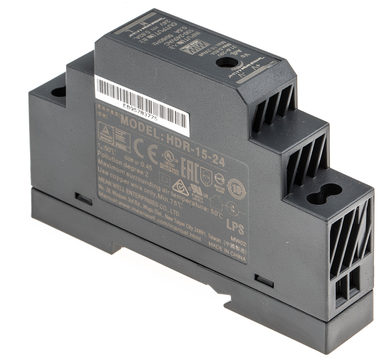 Mean Well HDR‑15‑24 – Ultra‑Slim 15 W DIN‑Rail Voeding (24 V/630 mA)